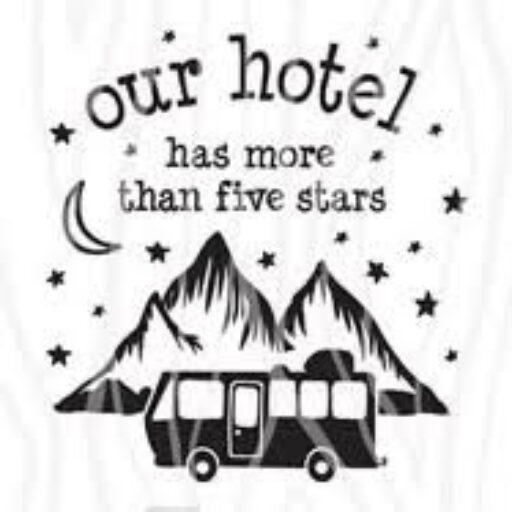 Motorhome travels in Türkiye Çeşme 3 A drawing of mountains, a crescent moon, stars, and a camper van with the text: Our hotel has more than five stars.